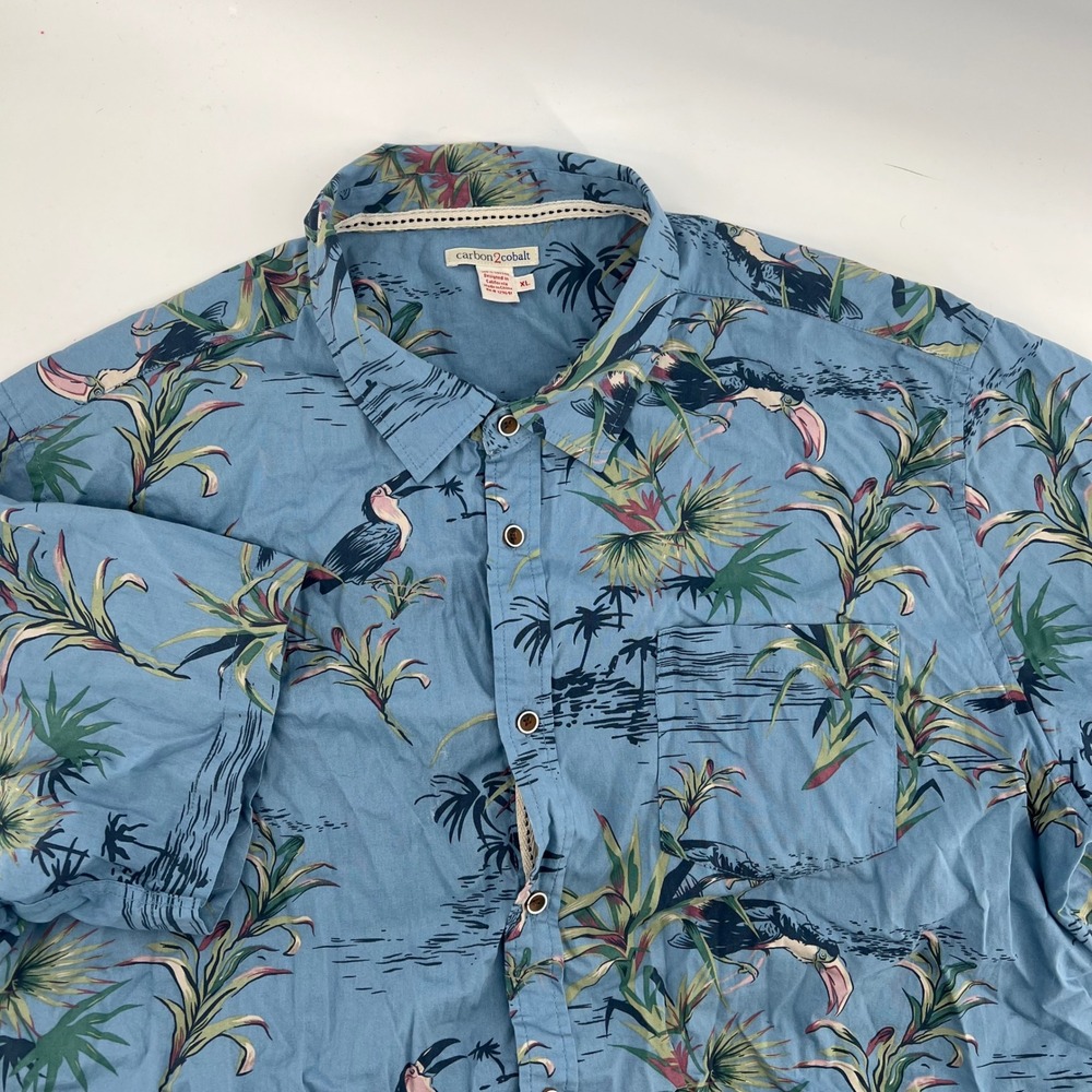 Carbon2Cobalt Men's XL Blue Tropical Toucan Palm Tree Hawaiian Button Up‎ Shirt